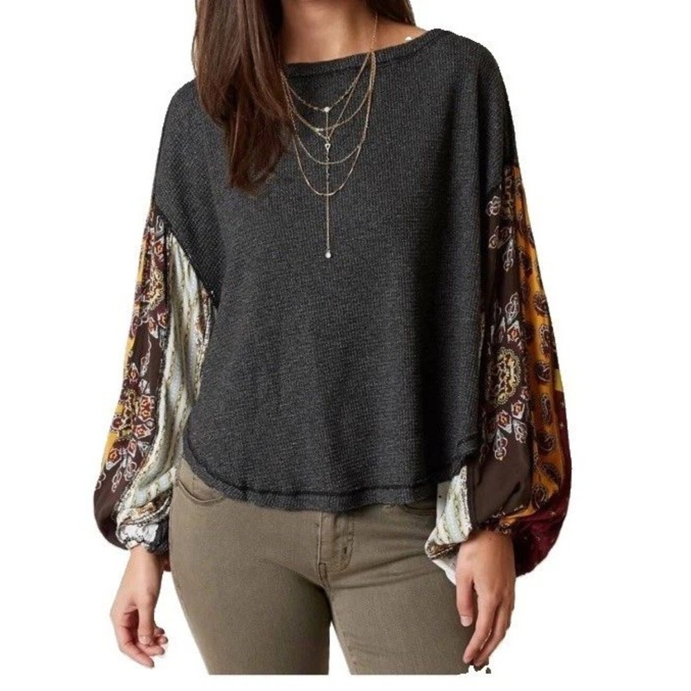 We The Free Free People Gray Thermal Blossom Billow Paisley Boho Sleeves Top XS
